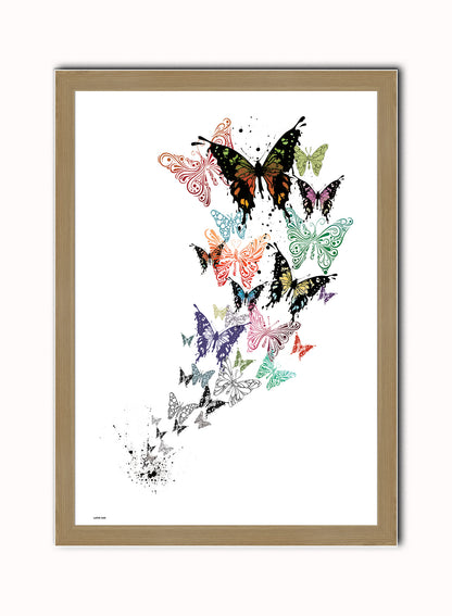Butterflies, Contemporary Illustration Graphic Art Print Poster Vintage Poster Wall Art Print 50x70cm Light Wood Frame