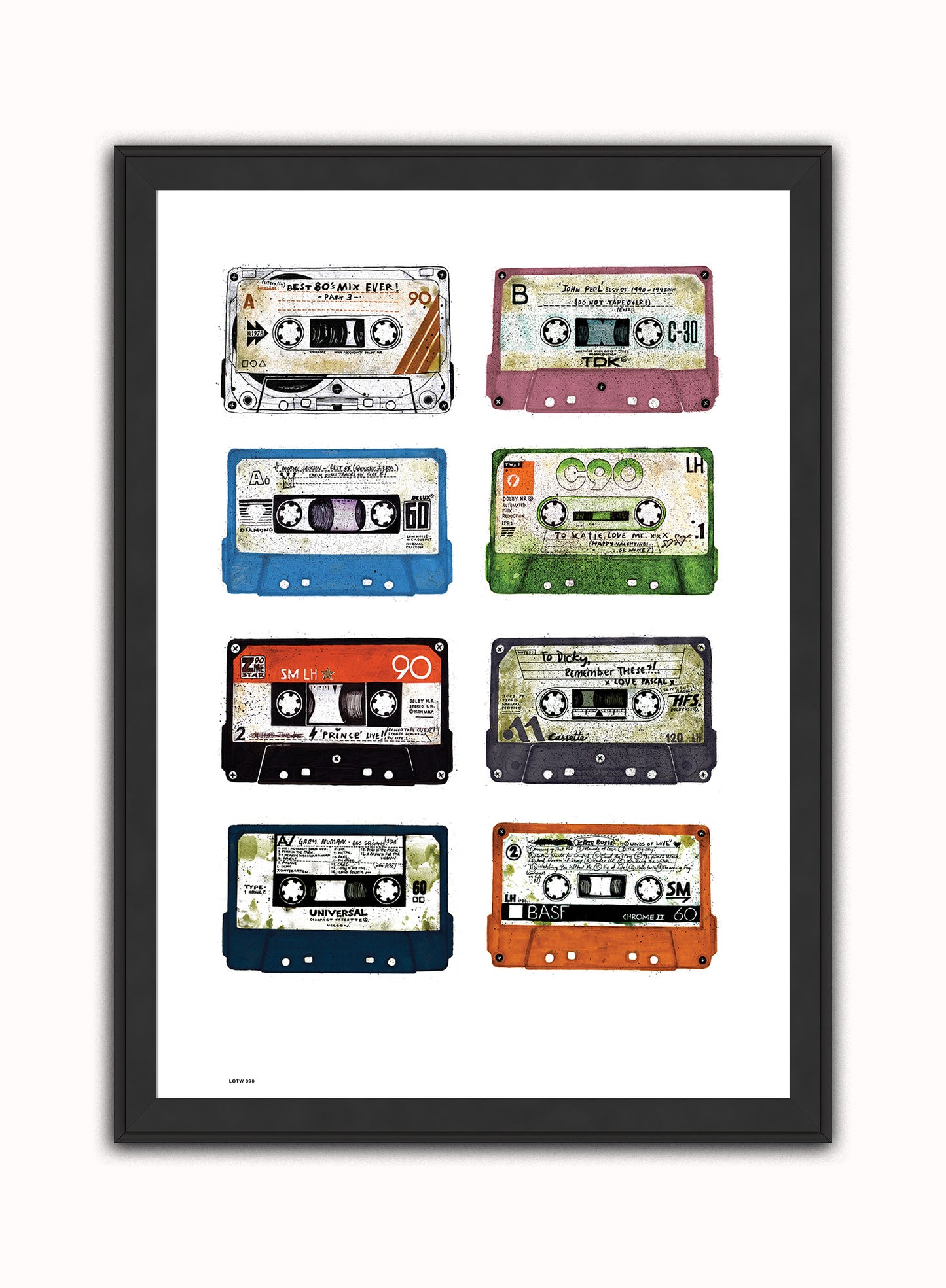 Analogue Forever, Cassette Tape Contemporary Illustration Graphic Art Print Poster Vintage Poster Wall Art Print 50x70cm Black Frame