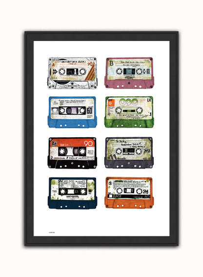Analogue Forever, Cassette Tape Contemporary Illustration Graphic Art Print Poster Vintage Poster Wall Art Print 50x70cm Black Frame