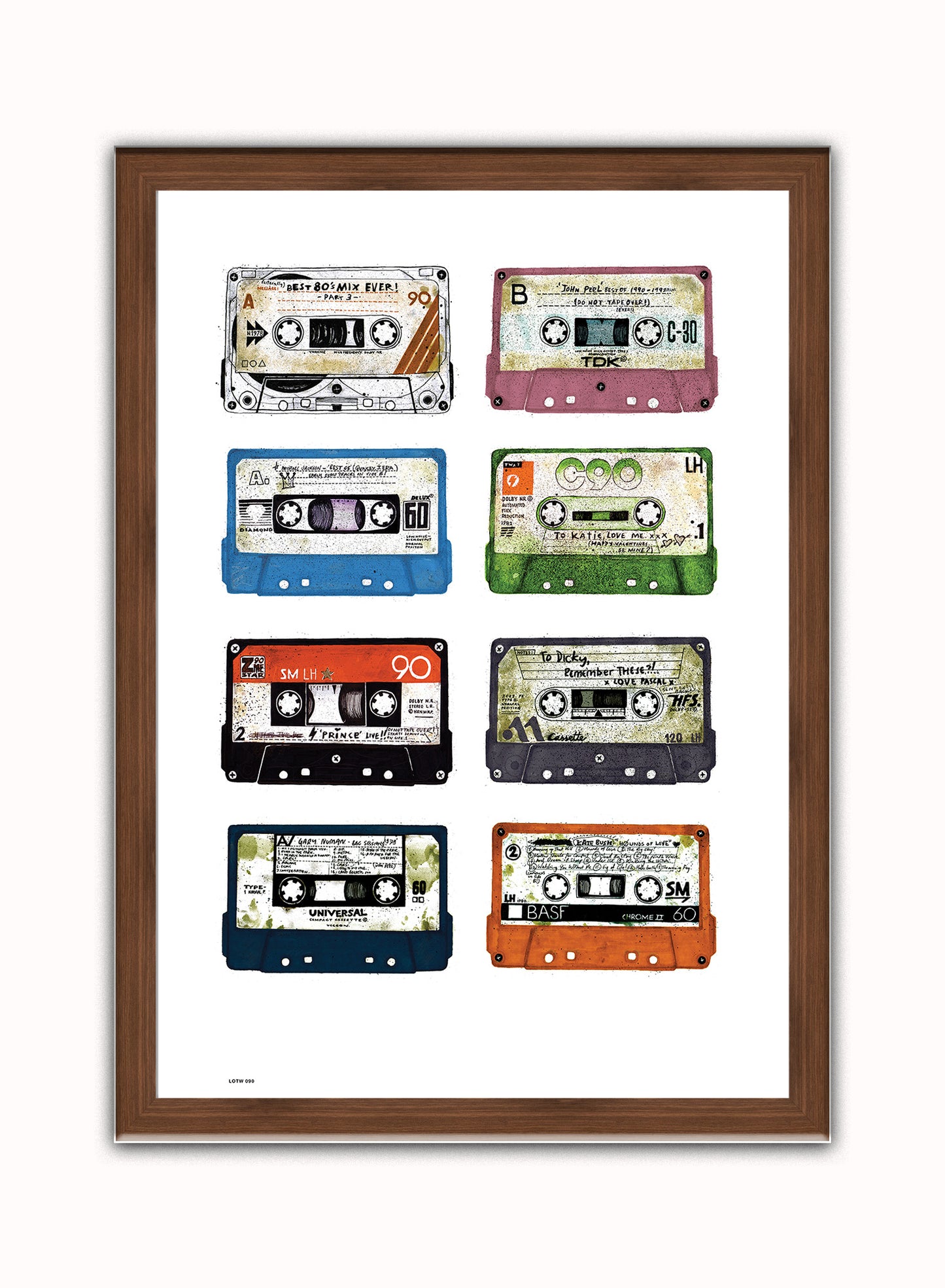 Analogue Forever, Cassette Tape Contemporary Illustration Graphic Art Print Poster Vintage Poster Wall Art Print 50x70cm Dark Wood Frame