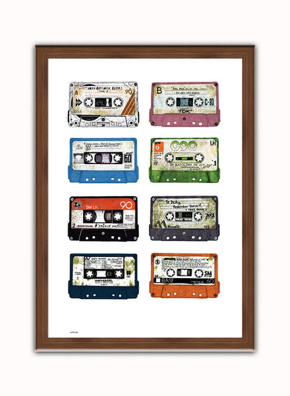 Analogue Forever, Cassette Tape Contemporary Illustration Graphic Art Print Poster Vintage Poster Wall Art Print 50x70cm Dark Wood Frame