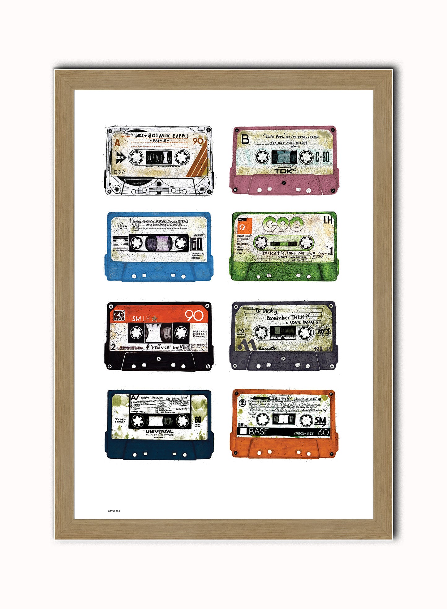 Analogue Forever, Cassette Tape Contemporary Illustration Graphic Art Print Poster Vintage Poster Wall Art Print 50x70cm Light Wood Frame