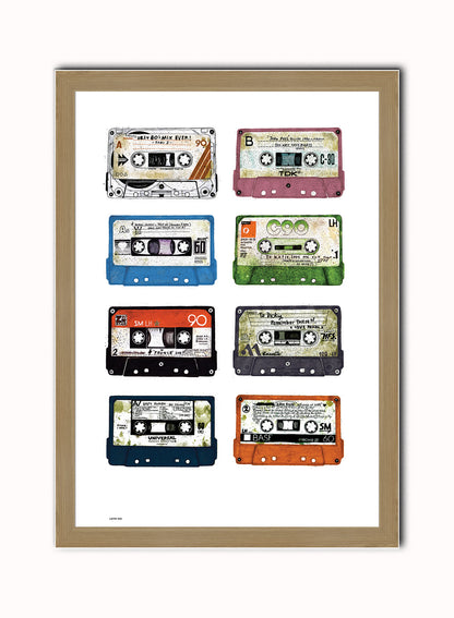 Analogue Forever, Cassette Tape Contemporary Illustration Graphic Art Print Poster Vintage Poster Wall Art Print 50x70cm Light Wood Frame