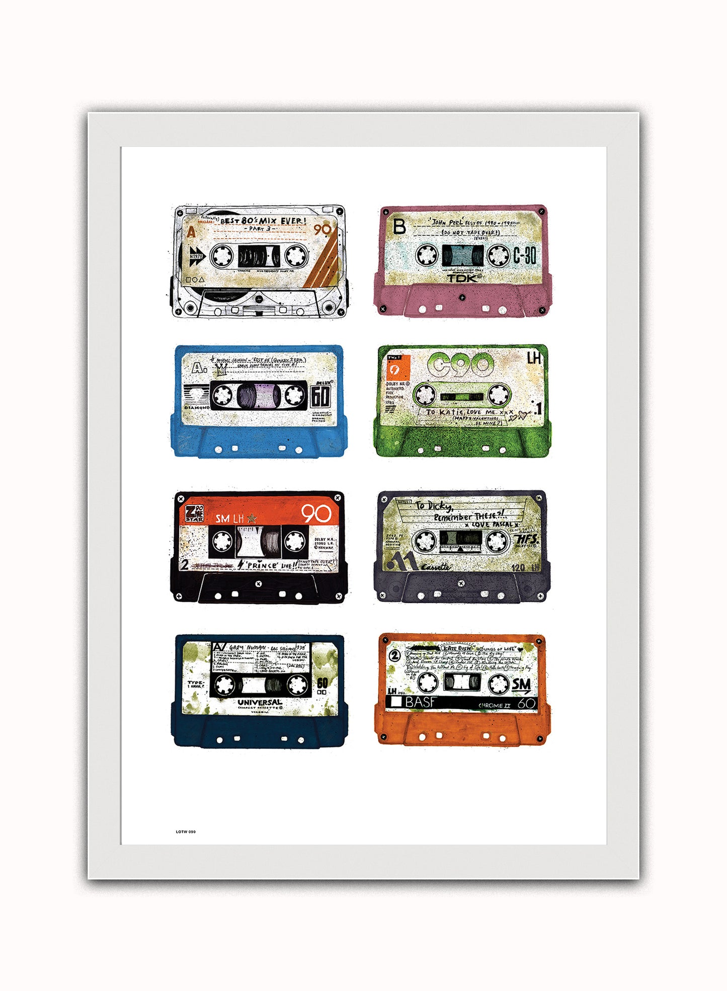 Analogue Forever, Cassette Tape Contemporary Illustration Graphic Art Print Poster Vintage Poster Wall Art Print 50x70cm White Frame
