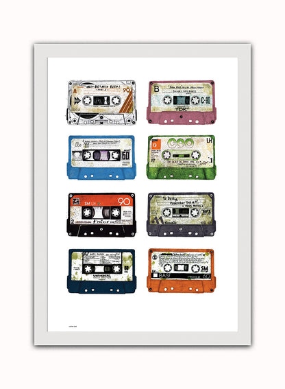Analogue Forever, Cassette Tape Contemporary Illustration Graphic Art Print Poster Vintage Poster Wall Art Print 50x70cm White Frame