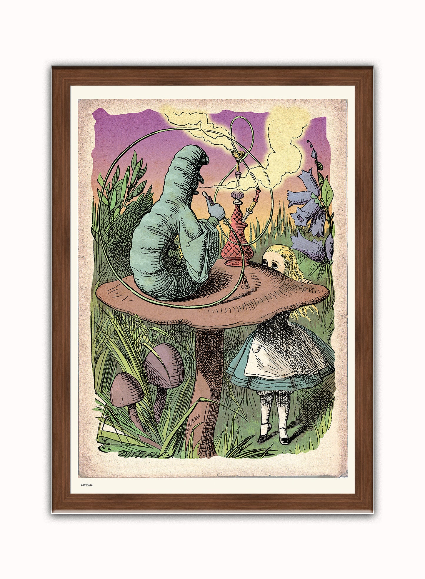 Alice In Wonderland, The Caterpillar, John Tenial Colour Illustration Art Print Poster Vintage Poster Wall Art Print 50x70cm Dark Wood Frame
