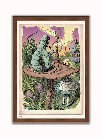 Alice In Wonderland, The Caterpillar, John Tenial Colour Illustration Art Print Poster Vintage Poster Wall Art Print 50x70cm Dark Wood Frame