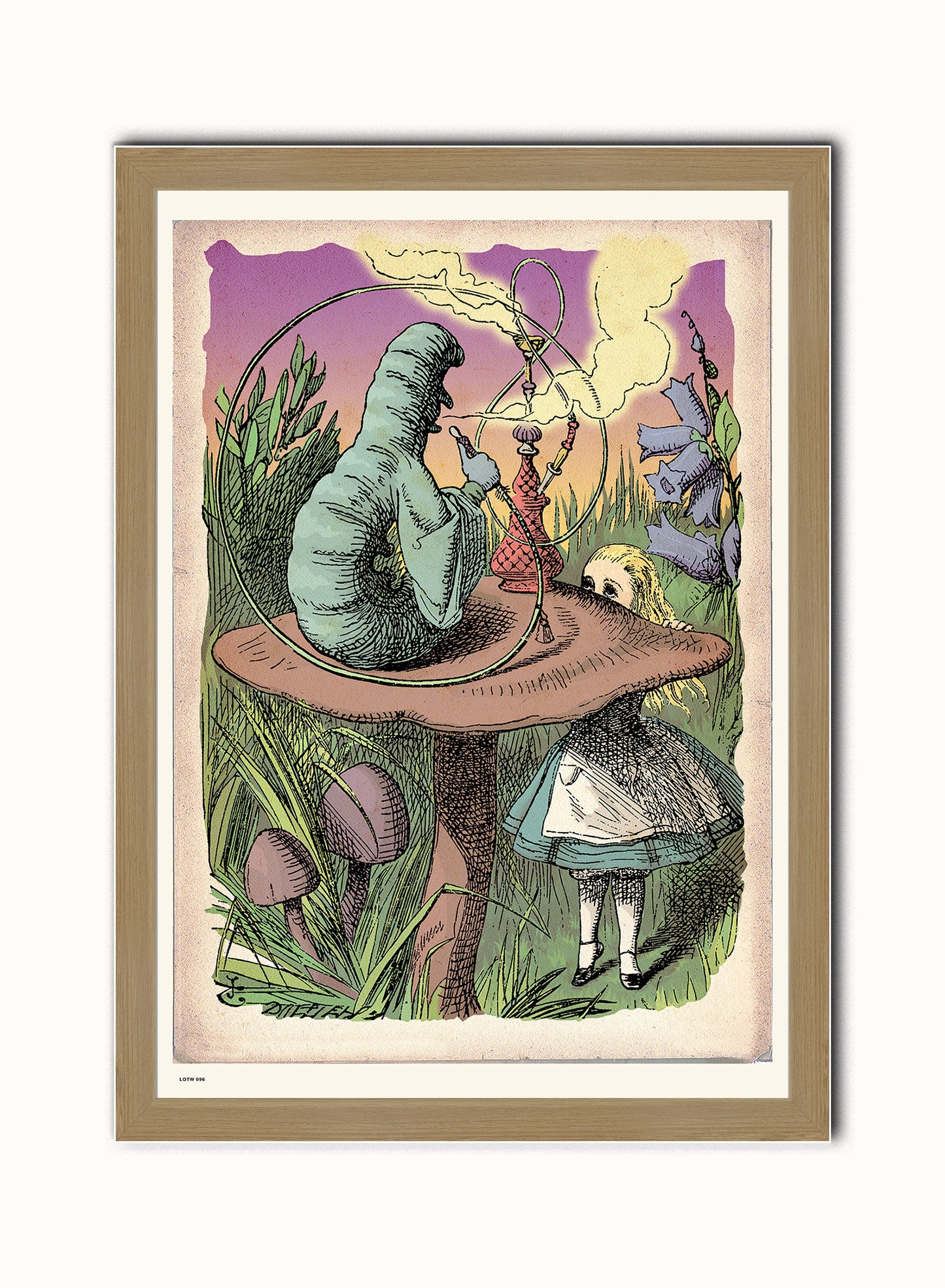 Alice In Wonderland, The Caterpillar, John Tenial Colour Illustration Art Print Poster Vintage Poster Wall Art Print 50x70cm Light Wood Frame