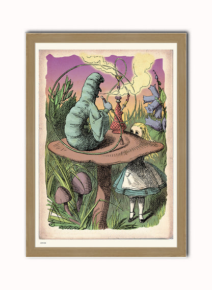 Alice In Wonderland, The Caterpillar, John Tenial Colour Illustration Art Print Poster Vintage Poster Wall Art Print 50x70cm Light Wood Frame