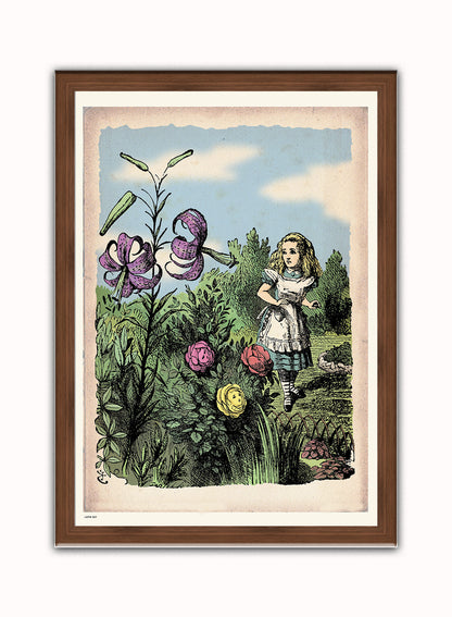 Alice In Wonderland, The Flower Garden, John Tenial Colour Illustration Art Print Poster Botanical Wall Art Print 50x70cm Dark Wood Frame
