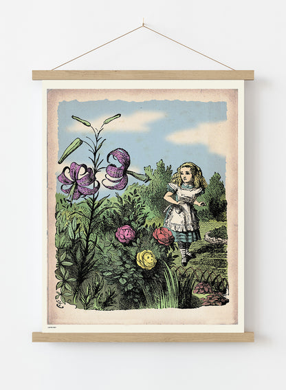Alice In Wonderland, The Flower Garden, John Tenial Colour Illustration Art Print Poster Botanical Wall Art Print 50x70cm Poster Hanger