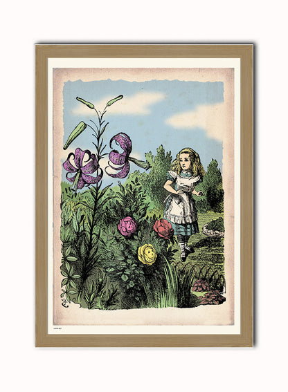 Alice In Wonderland, The Flower Garden, John Tenial Colour Illustration Art Print Poster Botanical Wall Art Print 50x70cm Light Wood Frame