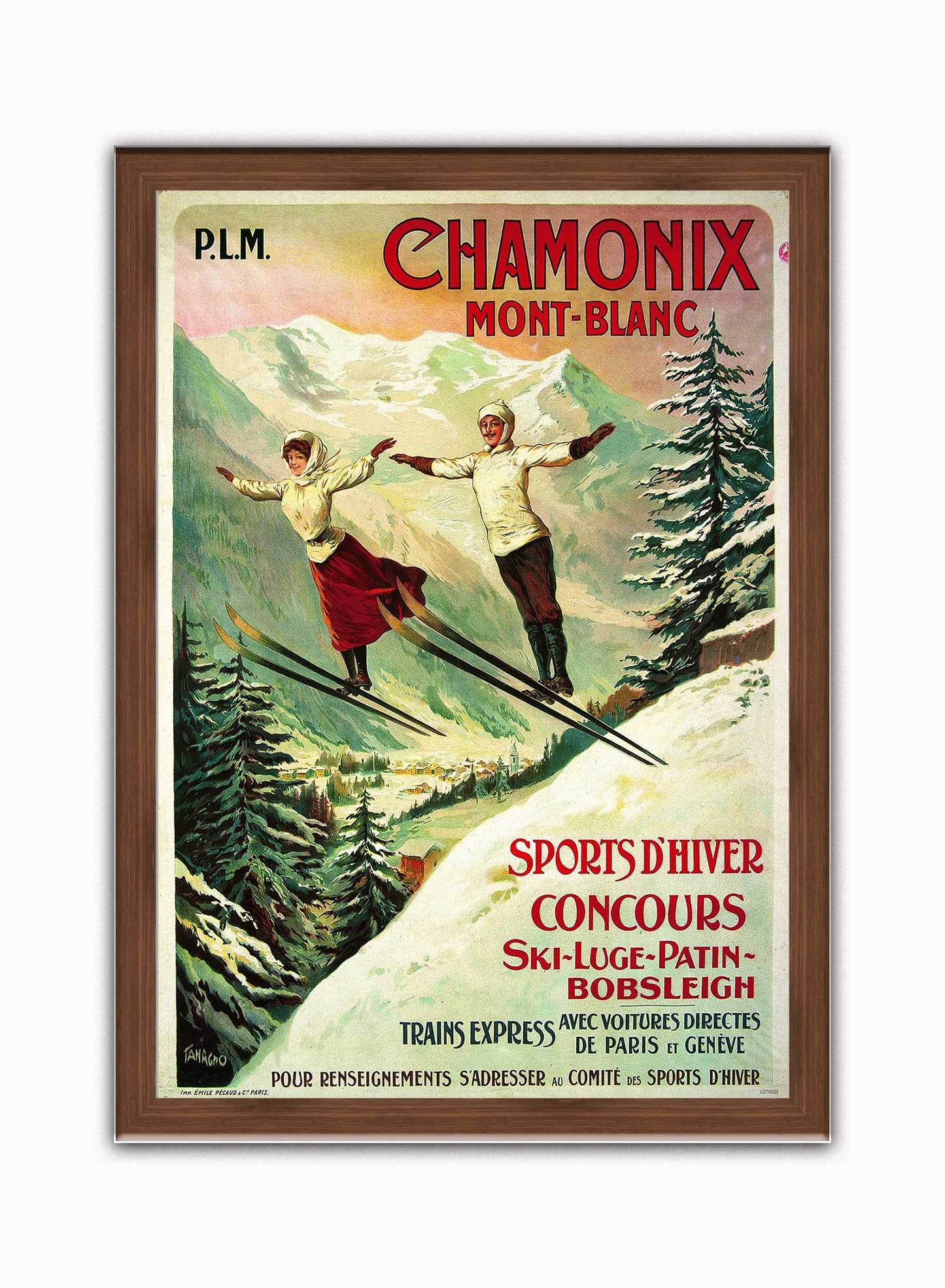 Chamonix Ski Resort Vintage Art Wall Art Print 50x70cm Dark Wood Frame