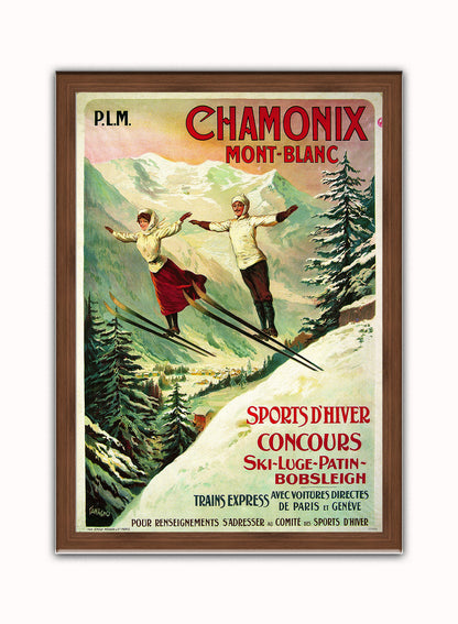 Chamonix Ski Resort Vintage Art Wall Art Print 50x70cm Dark Wood Frame