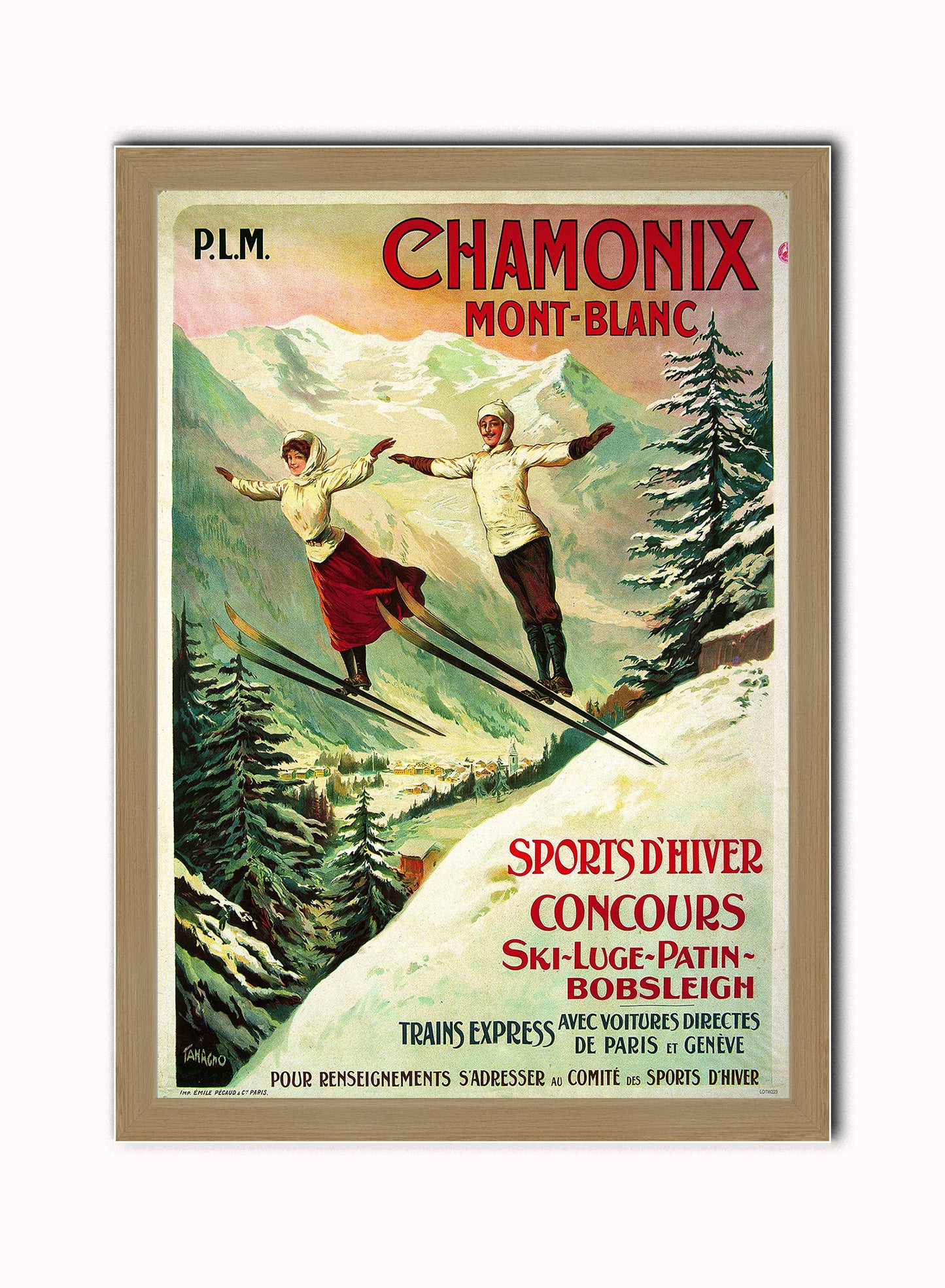 Chamonix Ski Resort Vintage Art Wall Art Print 50x70cm Light Wood Frame