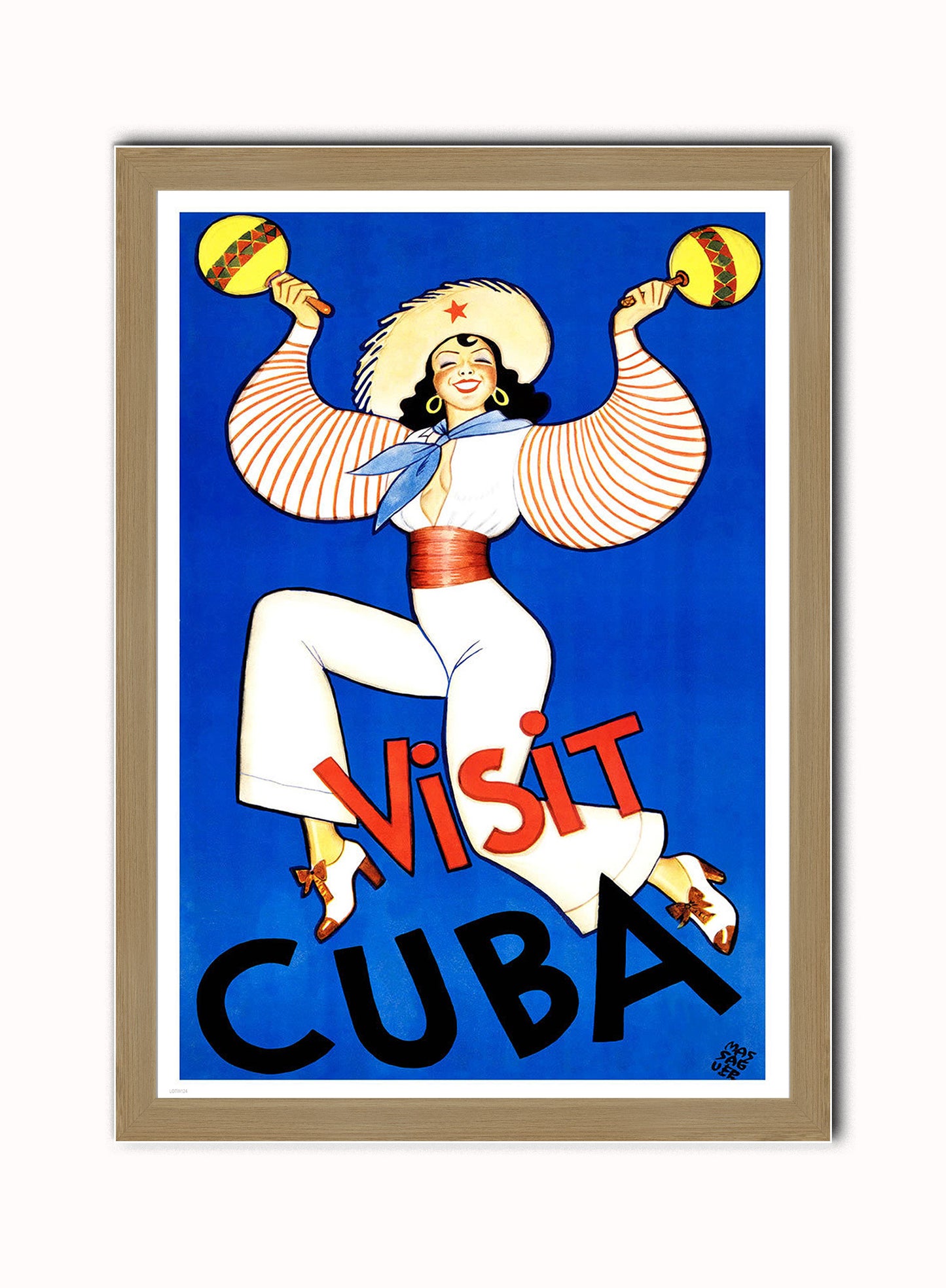 Visit Cuba Vintage Art Wall Art Print 50x70cm Light Wood Frame
