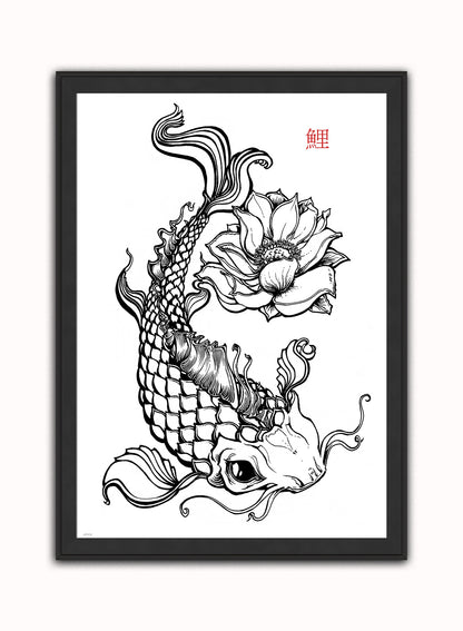 Koi tattoo Vintage Art Wall Art Print 50x70cm Black Frame