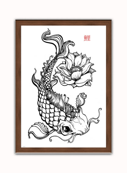 Koi tattoo Vintage Art Wall Art Print 50x70cm Dark Wood Frame