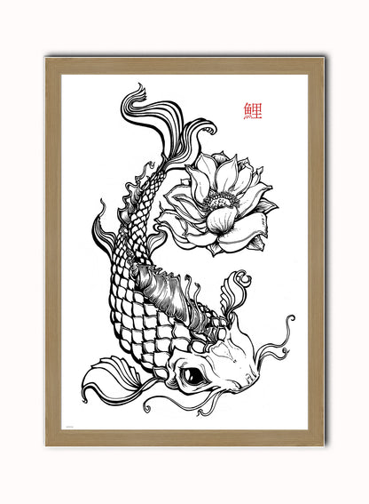 Koi tattoo Vintage Art Wall Art Print 50x70cm Light Wood Frame