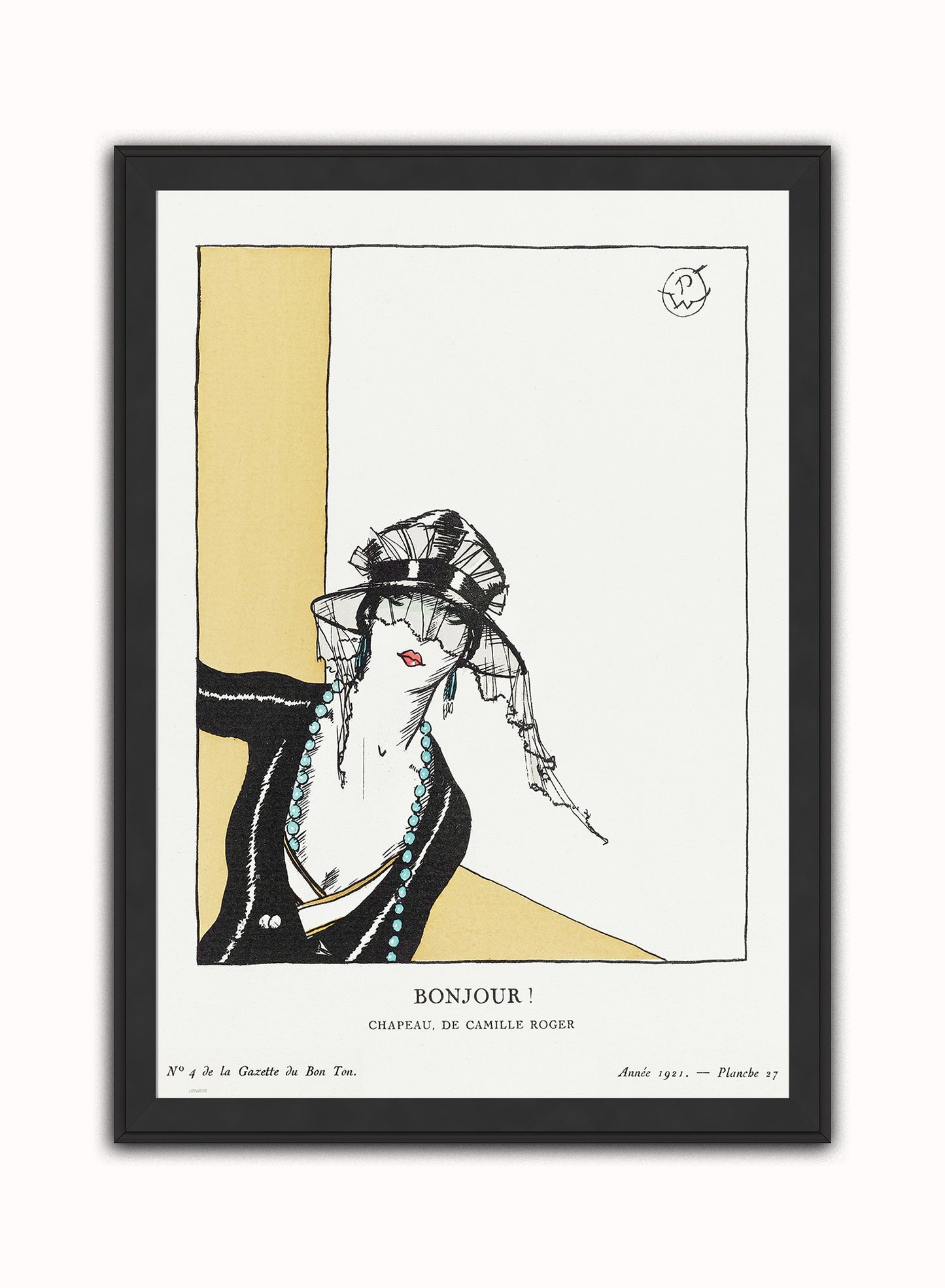 Bonjour! Chapeau, de Camille Roger (1921) by Porter Woodruff, published in Gazette du Bon Ton. Print – Porter Woodruff, published in Gazette du Bon Ton. Vintage Art Wall Art 50x70cm Black Frame