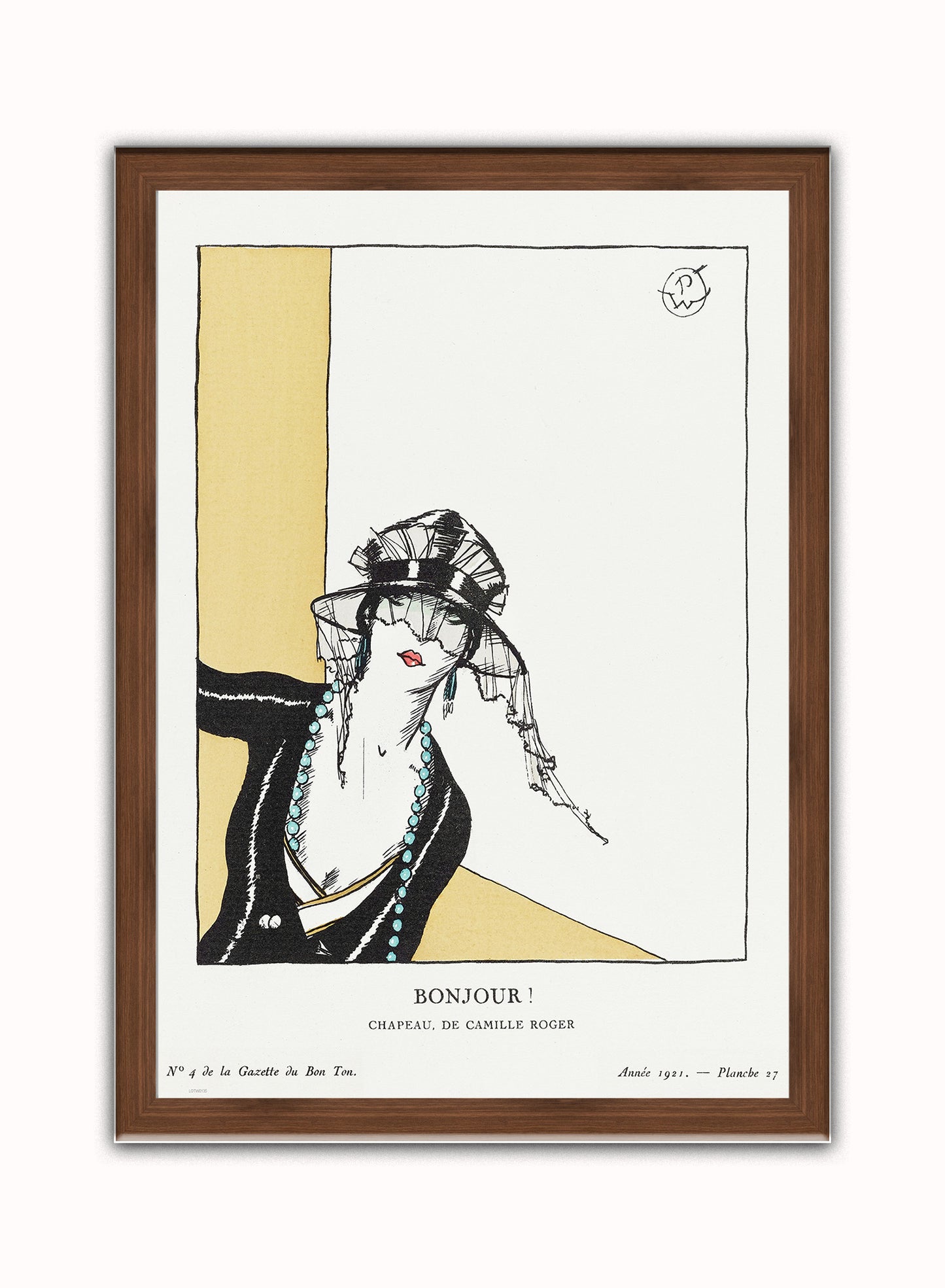 Bonjour! Chapeau, de Camille Roger (1921) by Porter Woodruff, published in Gazette du Bon Ton. Print – Porter Woodruff, published in Gazette du Bon Ton. Vintage Art Wall Art 50x70cm Dark Wood Frame
