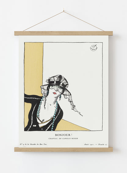 Bonjour! Chapeau, de Camille Roger (1921) by Porter Woodruff, published in Gazette du Bon Ton. Print – Porter Woodruff, published in Gazette du Bon Ton. Vintage Art Wall Art 50x70cm Poster Hanger