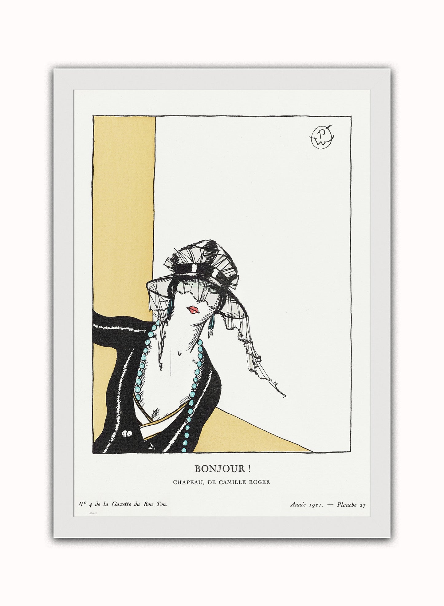 Bonjour! Chapeau, de Camille Roger (1921) by Porter Woodruff, published in Gazette du Bon Ton. Print – Porter Woodruff, published in Gazette du Bon Ton. Vintage Art Wall Art 50x70cm White Frame