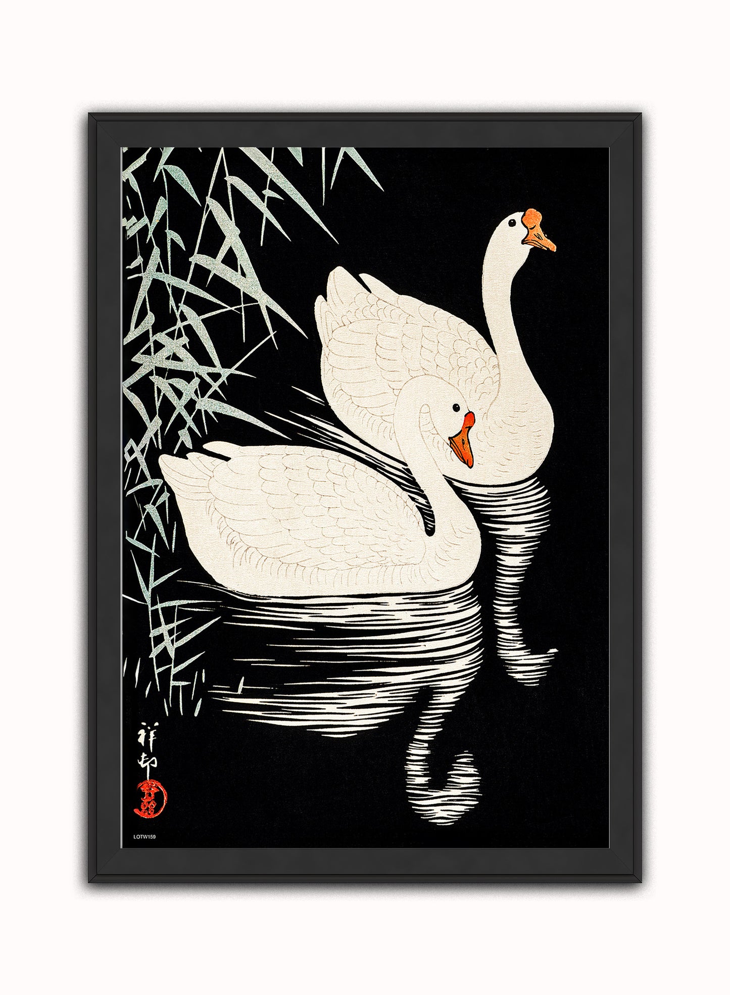 Swans Refelicting on the river by Ohara Koson 1900 - 1945 Japenese Poster Art Print Print – Ohara Koson Vintage Poster Wall Art 50x70cm Black Frame