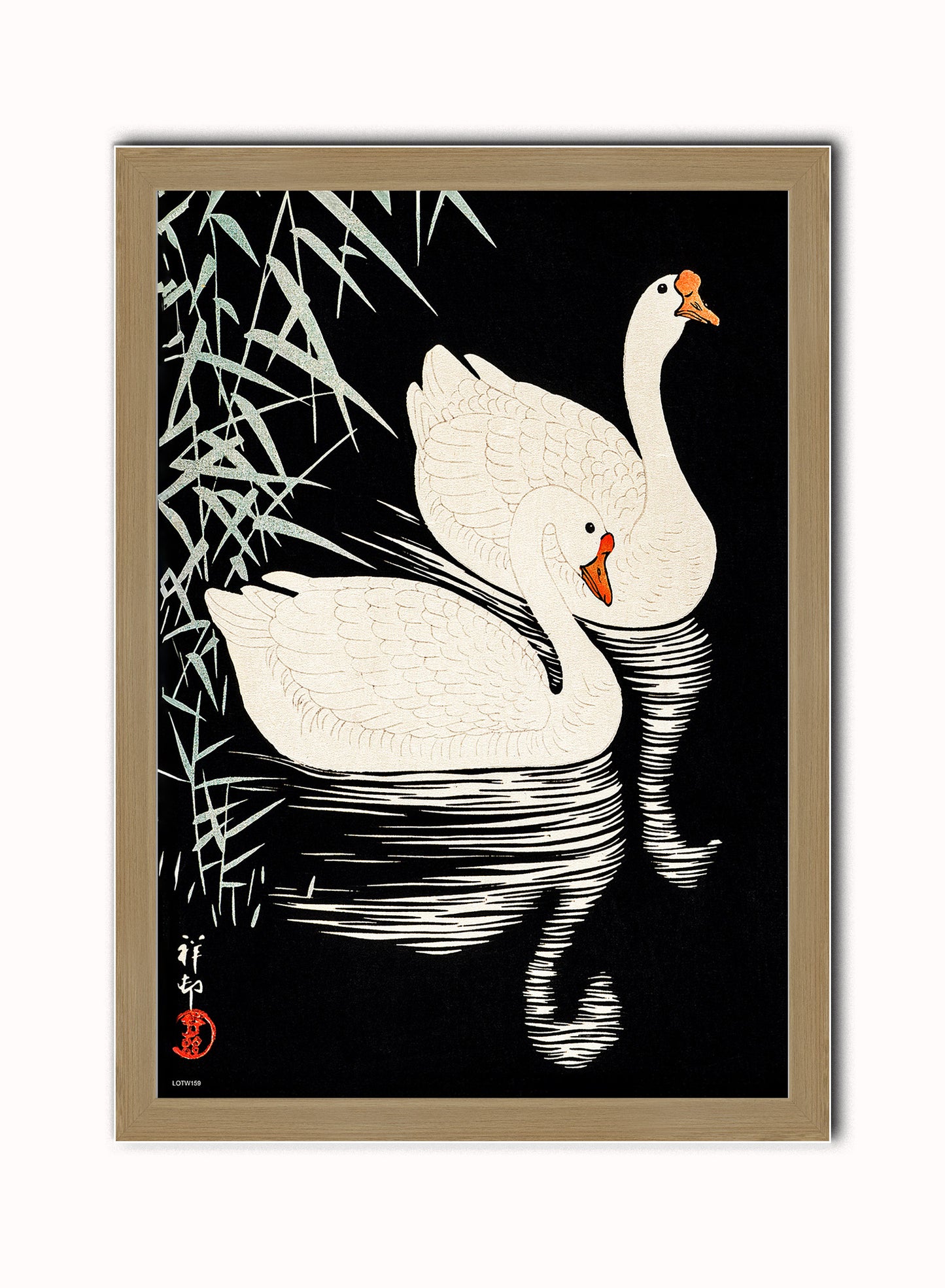 Swans Refelicting on the river by Ohara Koson 1900 - 1945 Japenese Poster Art Print Print – Ohara Koson Vintage Poster Wall Art 50x70cm Light Wood Frame