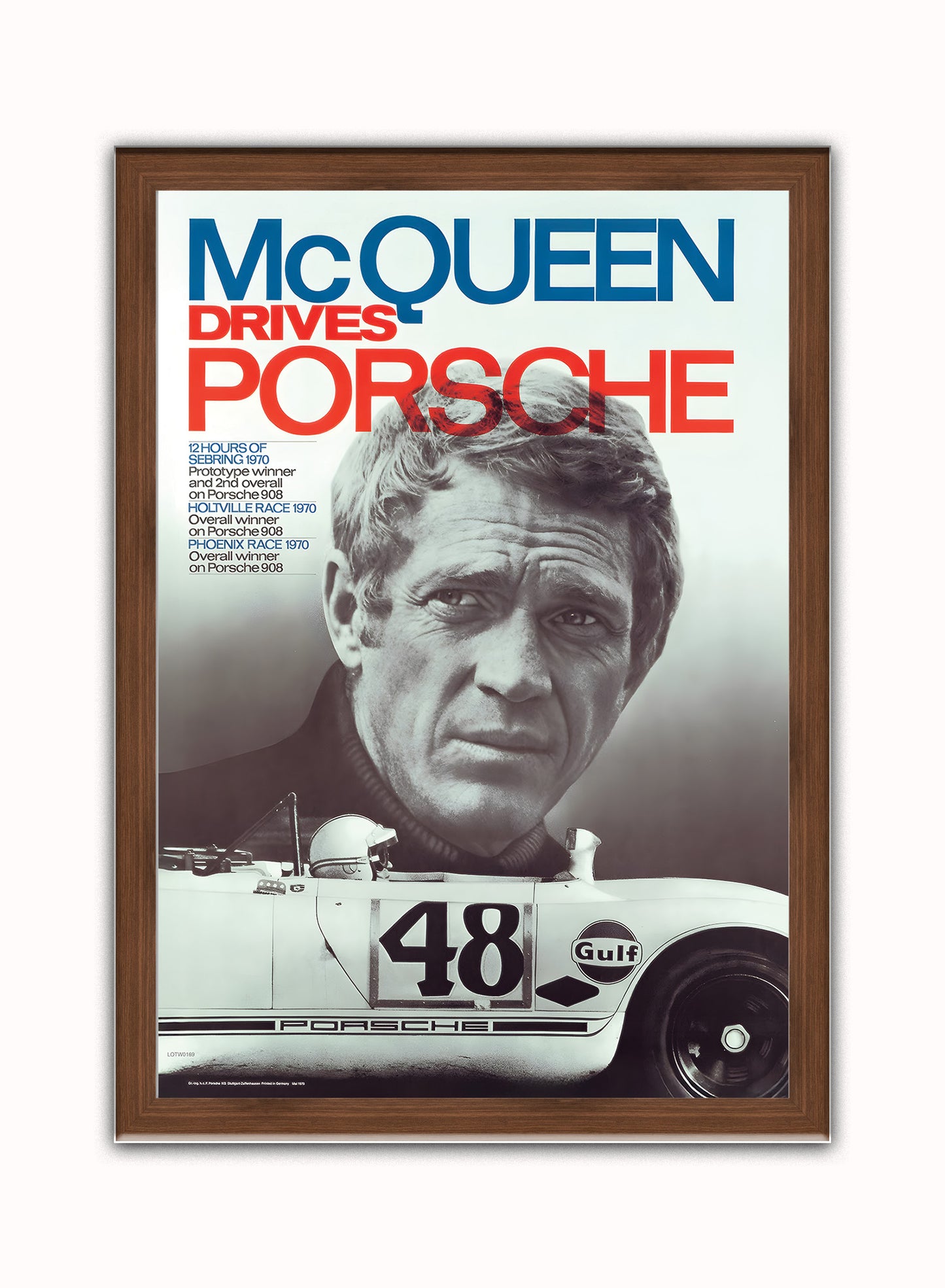 Steve Mqueen Porche Movie Poster, Vintage Hollywood Cinema Vintage Poster Wall Art Print 50x70cm Dark Wood Frame