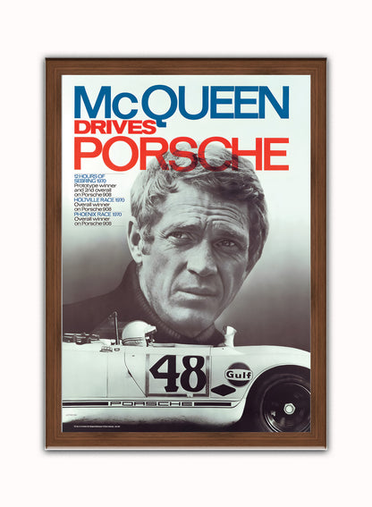 Steve Mqueen Porche Movie Poster, Vintage Hollywood Cinema Vintage Poster Wall Art Print 50x70cm Dark Wood Frame