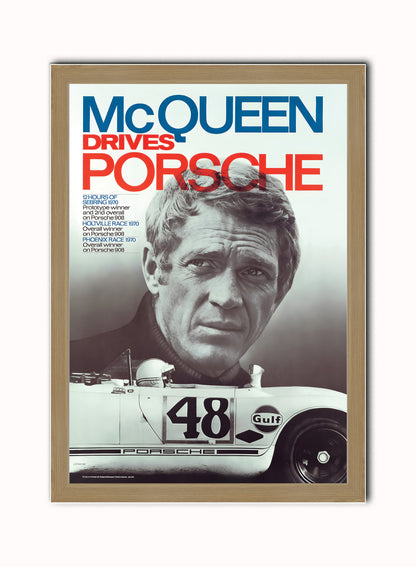 Steve Mqueen Porche Movie Poster, Vintage Hollywood Cinema Vintage Poster Wall Art Print 50x70cm Light Wood Frame