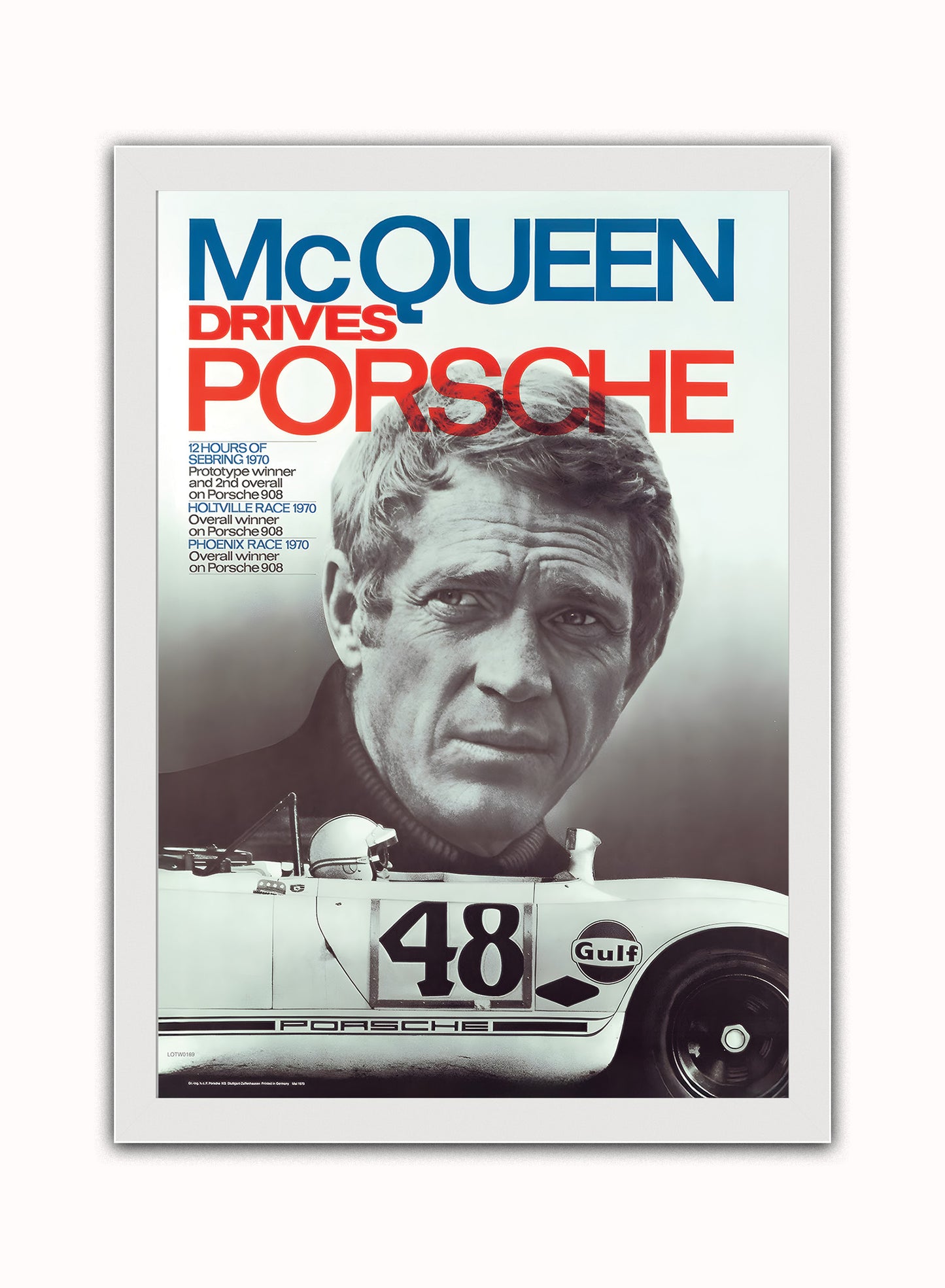 Steve Mqueen Porche Movie Poster, Vintage Hollywood Cinema Vintage Poster Wall Art Print 50x70cm White Frame