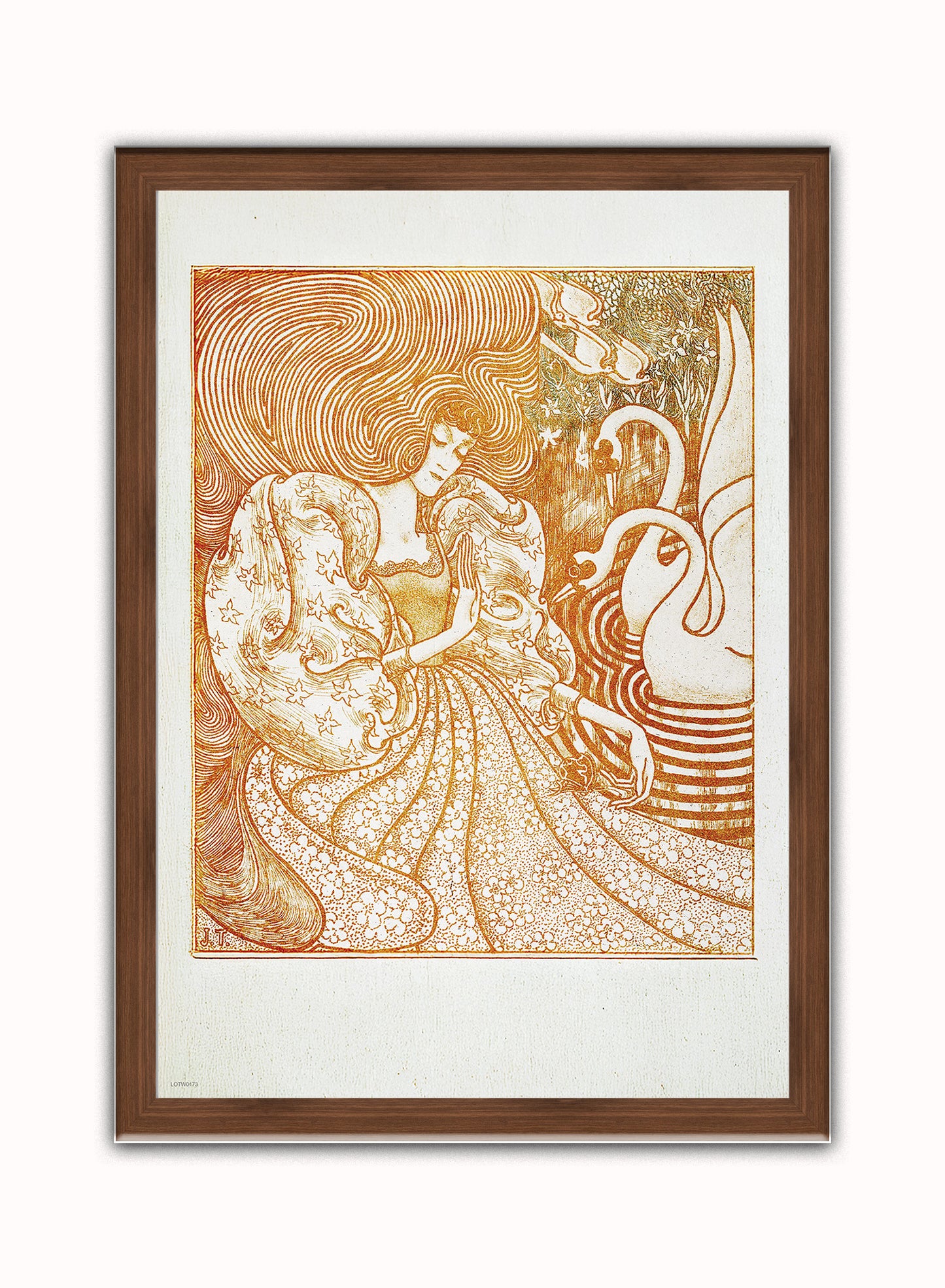 Woman with a Butterfly at a Pond with Two Swans (1894) by Jan Toorop Art Poster Print. Print – Jan Toorop Art Poster Print. Vintage Poster Wall Art 50x70cm Dark Wood Frame