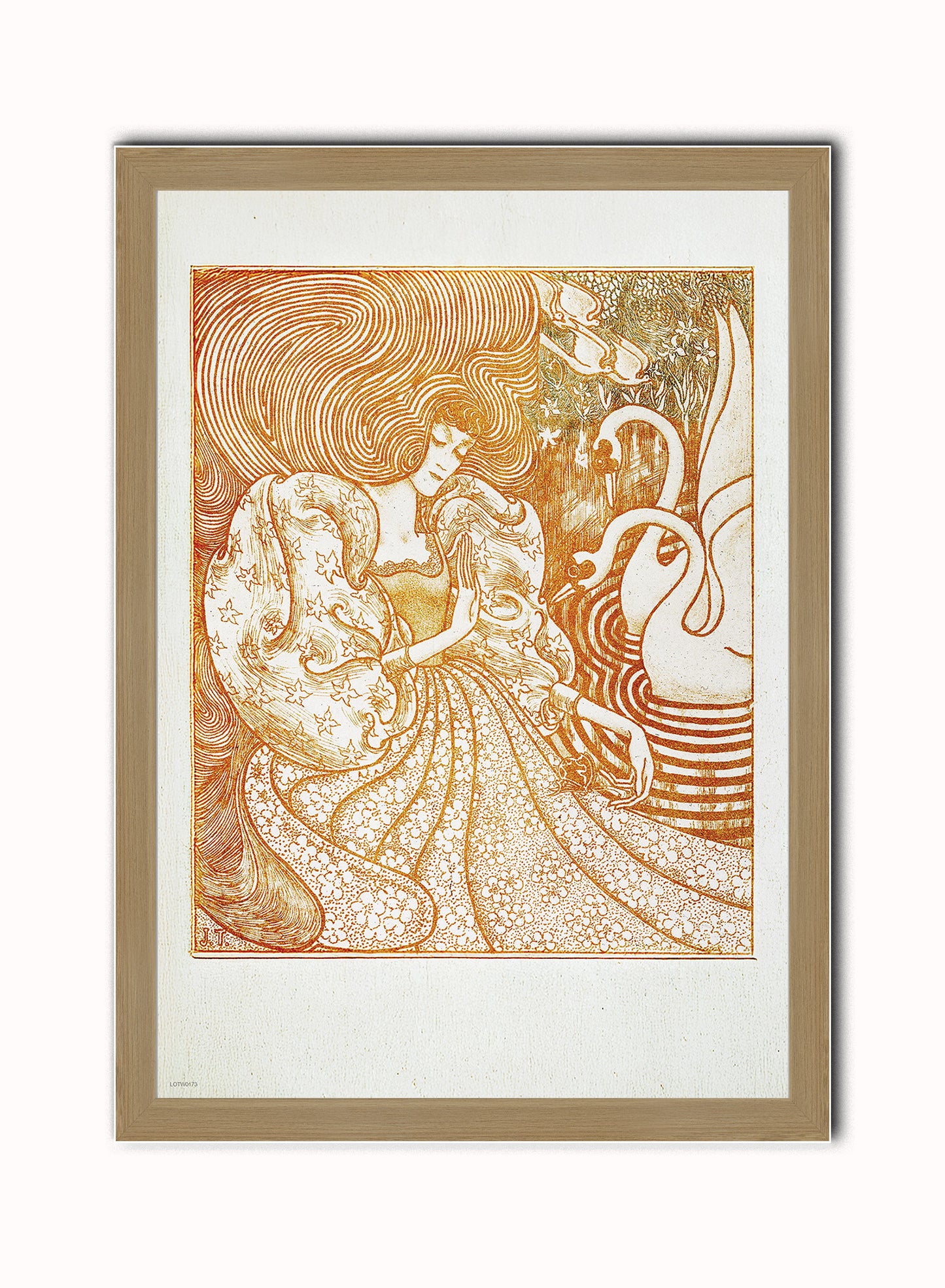 Woman with a Butterfly at a Pond with Two Swans (1894) by Jan Toorop Art Poster Print. Print – Jan Toorop Art Poster Print. Vintage Poster Wall Art 50x70cm Light Wood Frame
