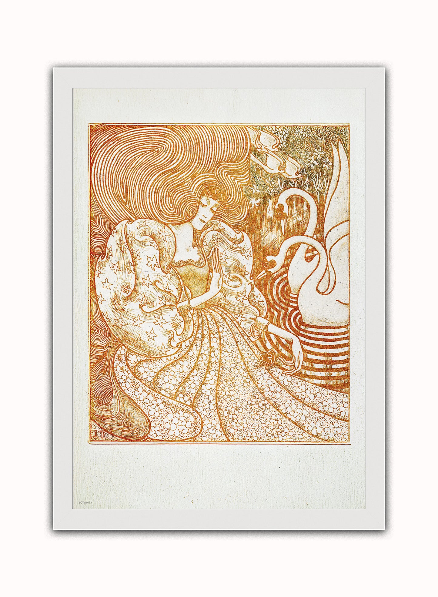 Woman with a Butterfly at a Pond with Two Swans (1894) by Jan Toorop Art Poster Print. Print – Jan Toorop Art Poster Print. Vintage Poster Wall Art 50x70cm White Frame