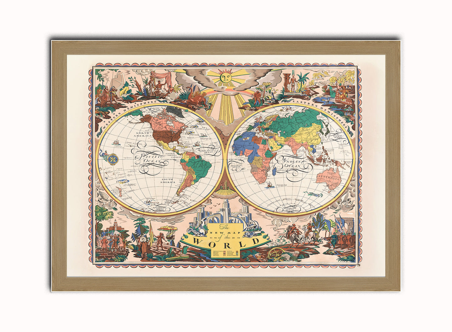 Vintage Map of the World Poster by Edward Everett Henry 1928 Print – Edward Everett Vintage Henry  Poster Wall Art 50x70cm Light Wood Frame