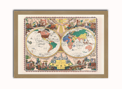 Vintage Map of the World Poster by Edward Everett Henry 1928 Print – Edward Everett Vintage Henry  Poster Wall Art 50x70cm Light Wood Frame
