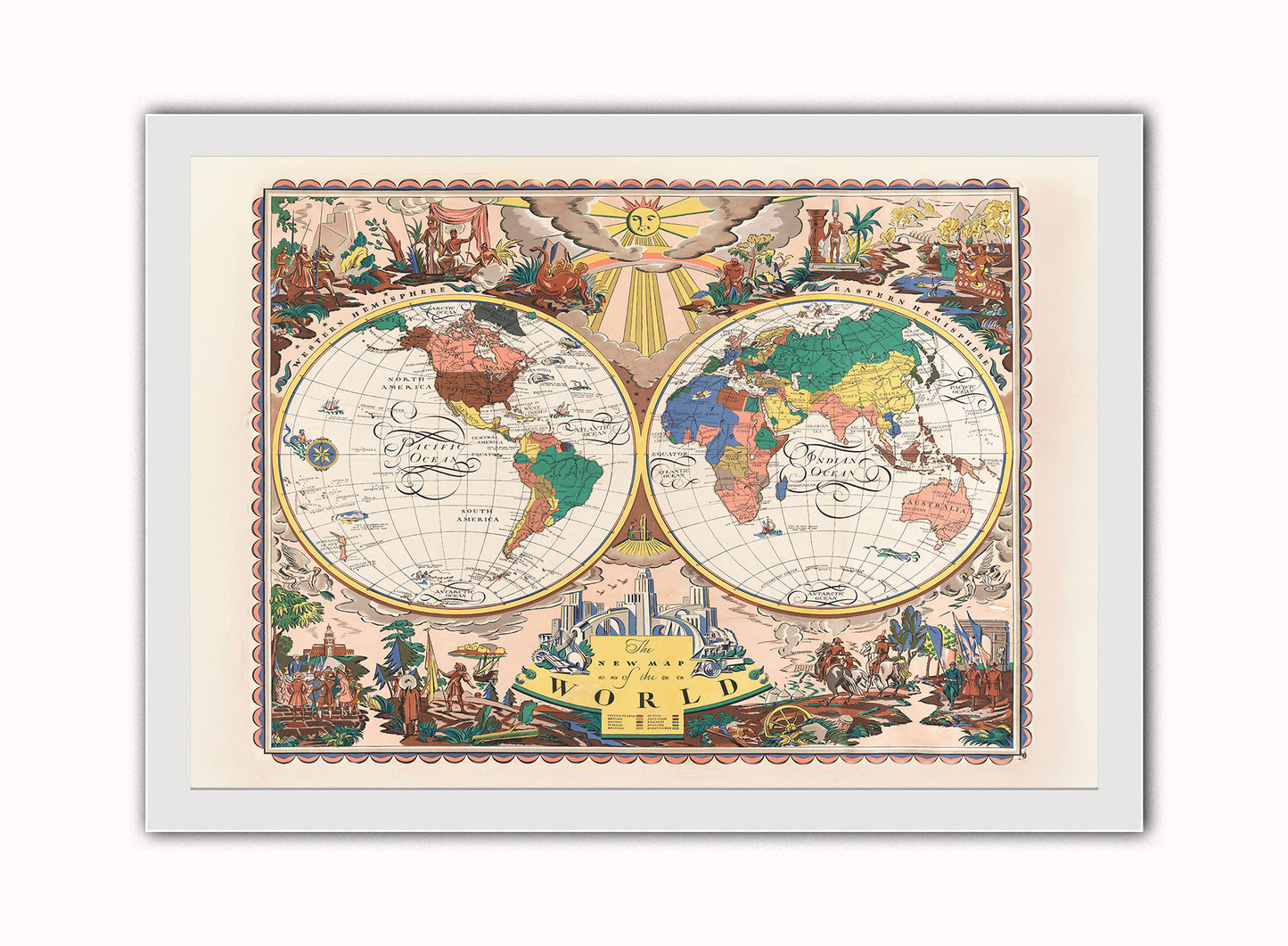 Vintage Map of the World Poster by Edward Everett Henry 1928 Print – Edward Everett Vintage Henry  Poster Wall Art 50x70cm White Frame