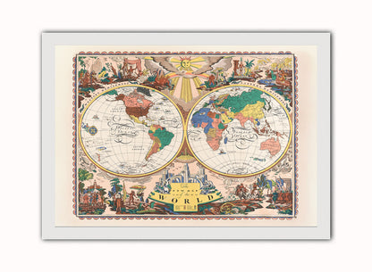 Vintage Map of the World Poster by Edward Everett Henry 1928 Print – Edward Everett Vintage Henry  Poster Wall Art 50x70cm White Frame