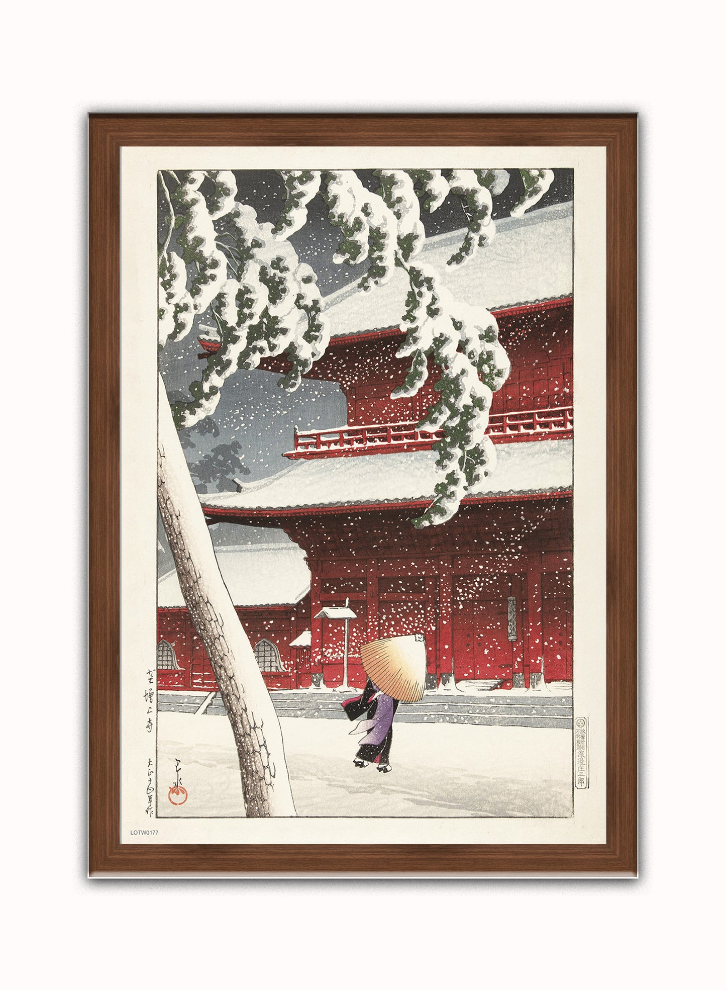 The Zojo Shrine in Shiba" Japanese Poster by artist Kawase Hasui. Print – artist Kawase Hasui. Japanese Wall Art 50x70cm Dark Wood Frame
