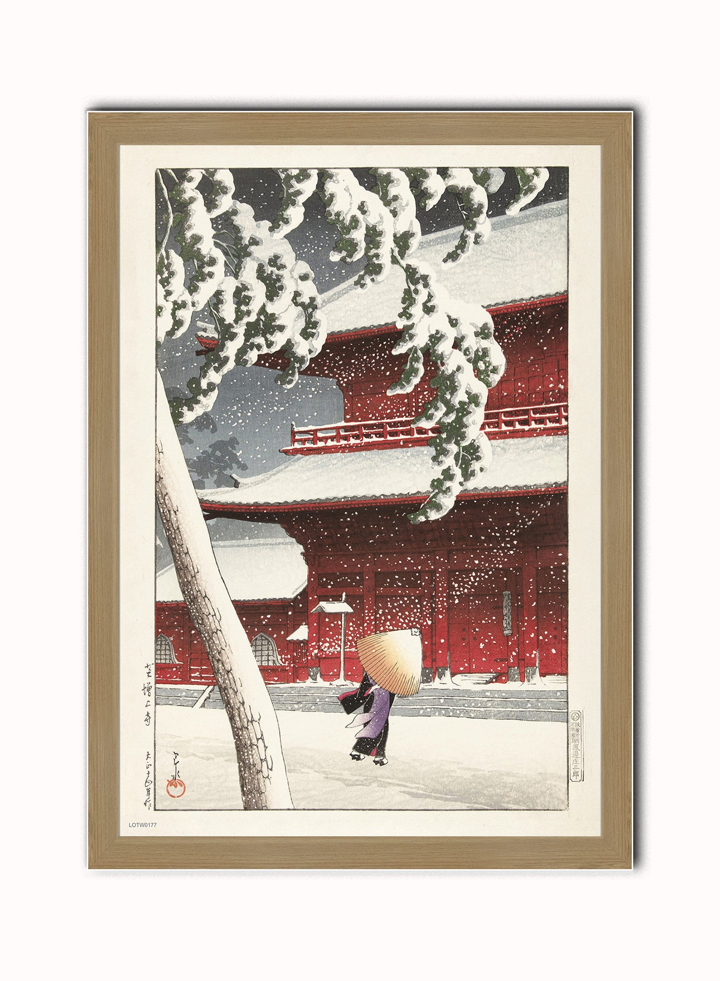 The Zojo Shrine in Shiba" Japanese Poster by artist Kawase Hasui. Print – artist Kawase Hasui. Japanese Wall Art 50x70cm Light Wood Frame