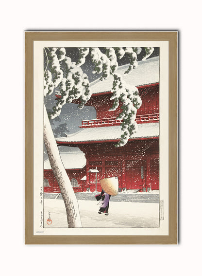 The Zojo Shrine in Shiba" Japanese Poster by artist Kawase Hasui. Print – artist Kawase Hasui. Japanese Wall Art 50x70cm Light Wood Frame