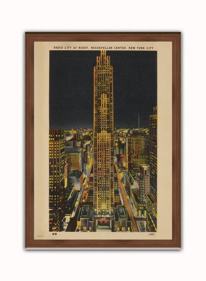 Radio City at Night, Rockefeller Center, New York City Poster Vintage Poster Wall Art Print 50x70cm Dark Wood Frame