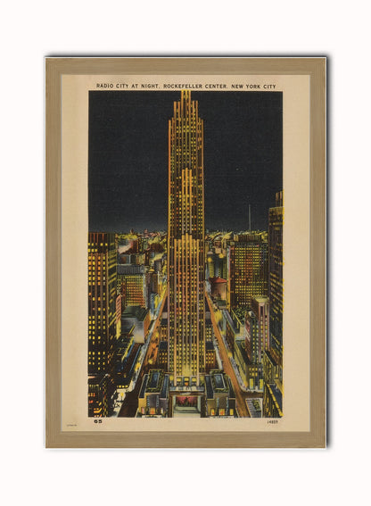 Radio City at Night, Rockefeller Center, New York City Poster Vintage Poster Wall Art Print 50x70cm Light Wood Frame