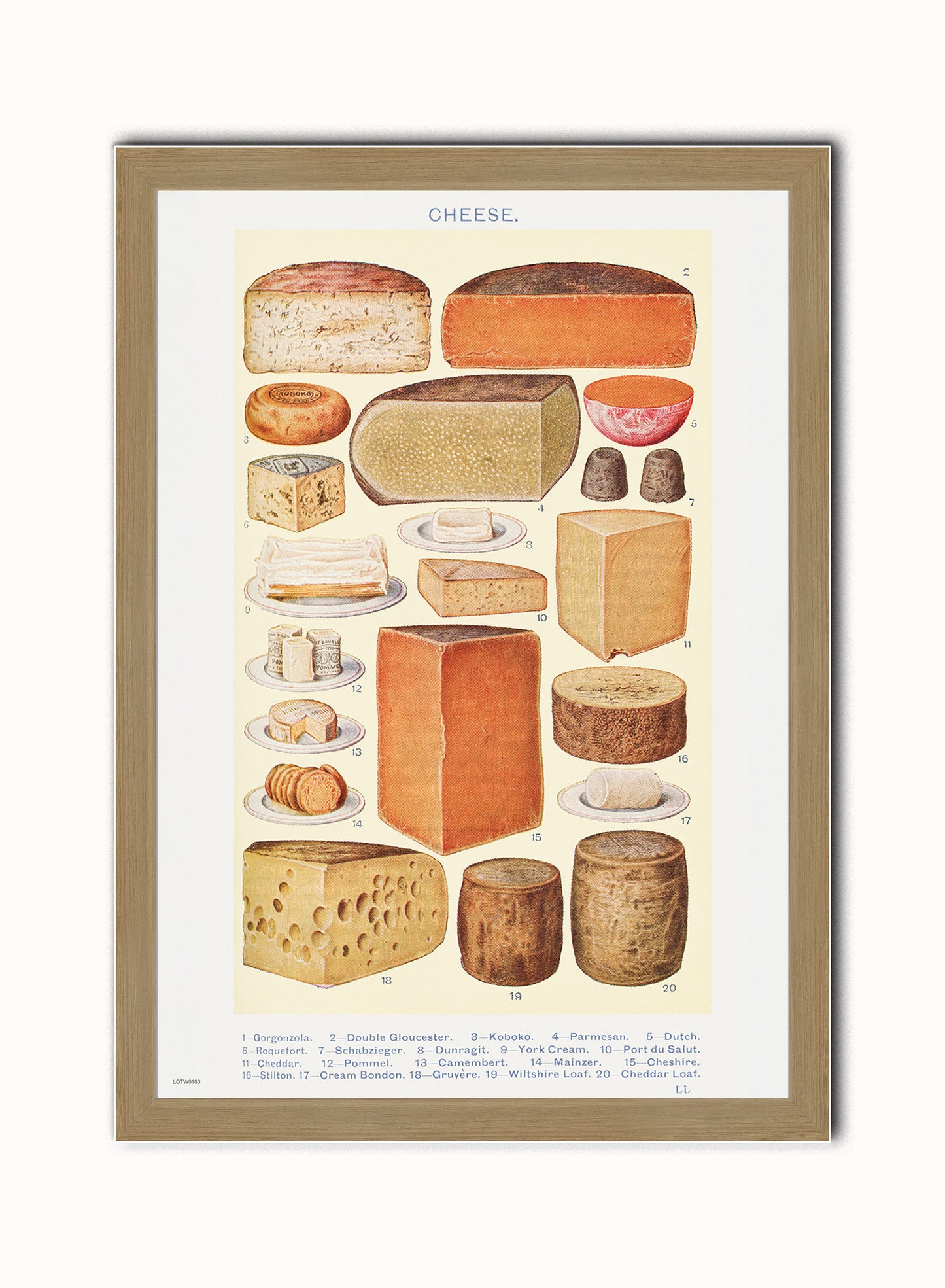 Cheese Chart Poster Vintage Poster Wall Art Print 50x70cm Light Wood Frame