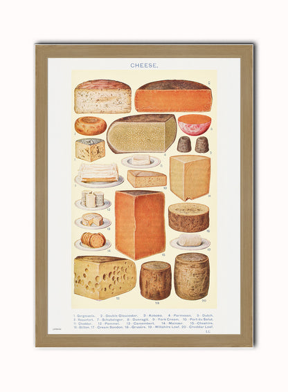 Cheese Chart Poster Vintage Poster Wall Art Print 50x70cm Light Wood Frame