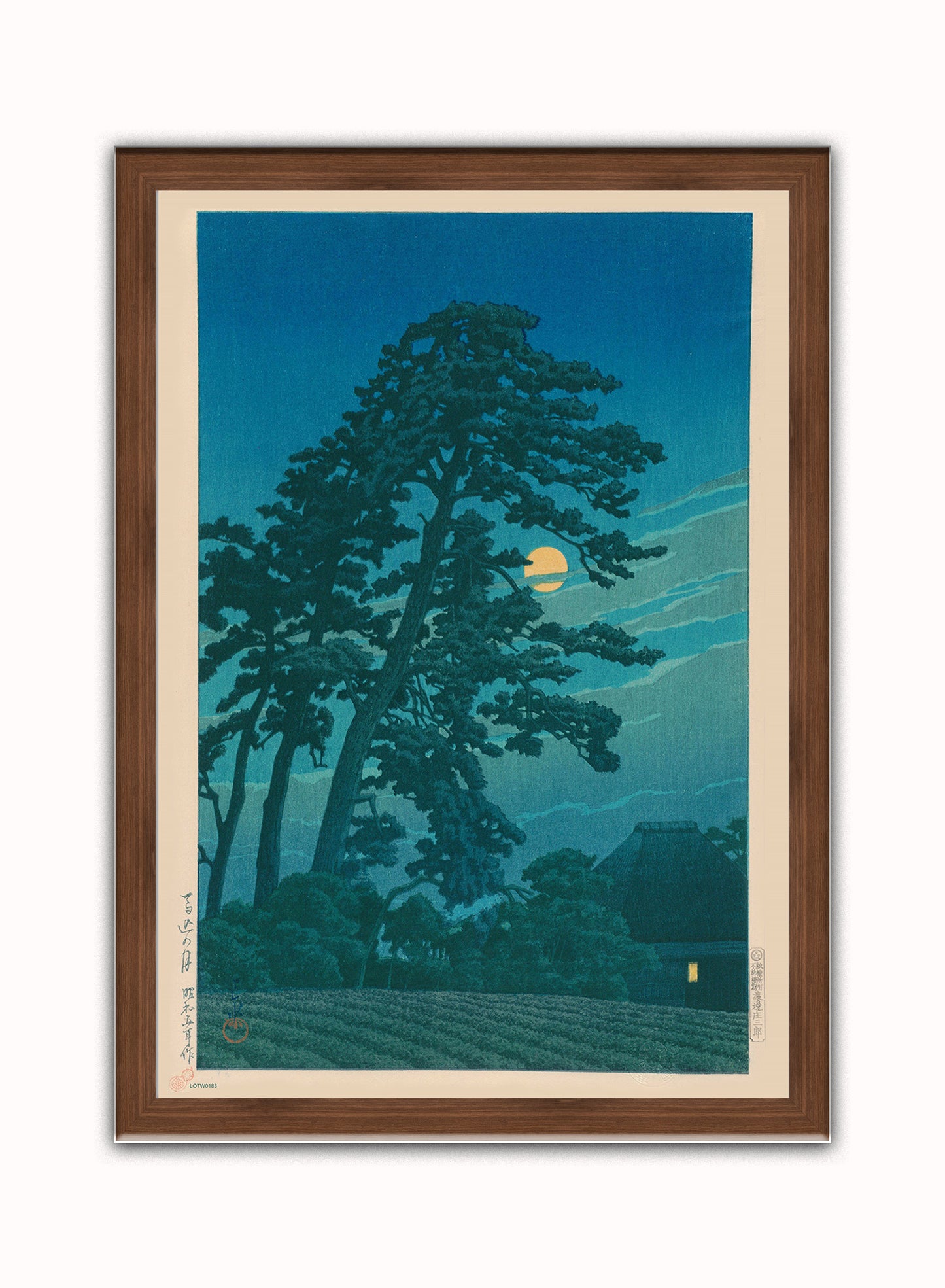 Moon at Magome Japanese Poster by artist Kawase Hasui Print – artist Kawase Hasui Japanese Wall Art 50x70cm Dark Wood Frame