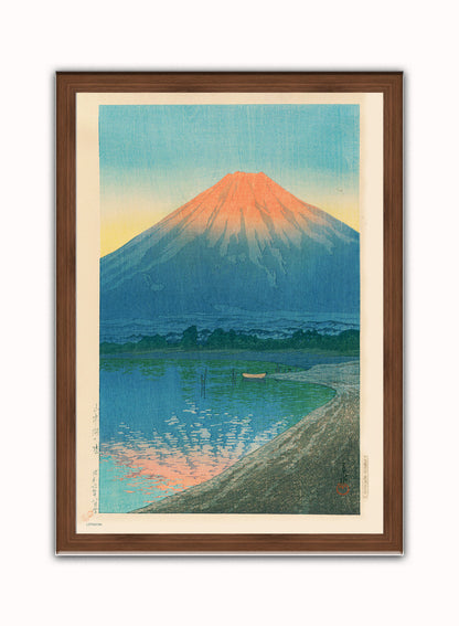Daybreak over Lake Yamanaka & Mount Fuji Japanese Poster by artist Kawase Hasui Print – artist Kawase Hasui Japanese Wall Art 50x70cm Dark Wood Frame