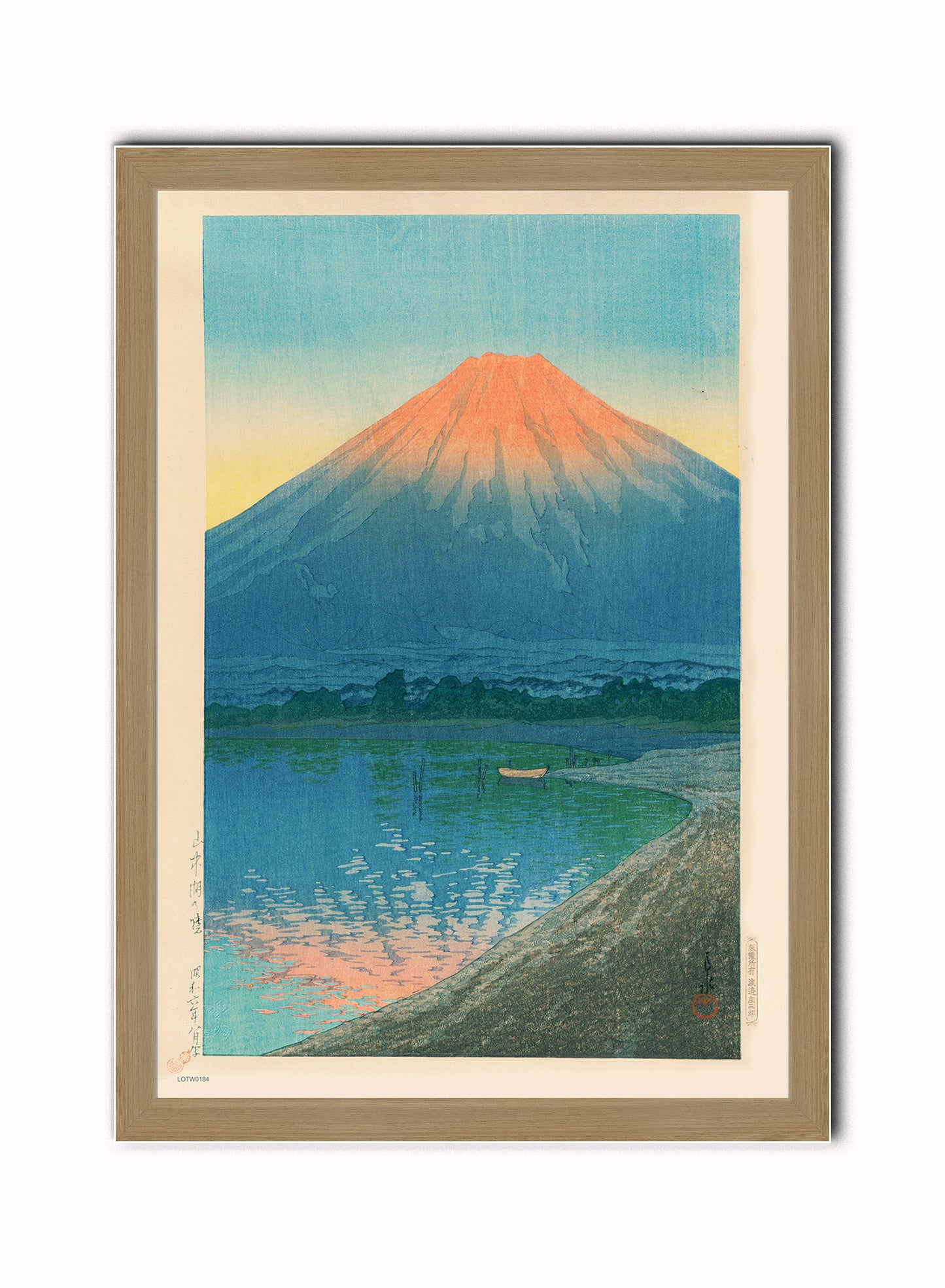 Daybreak over Lake Yamanaka & Mount Fuji Japanese Poster by artist Kawase Hasui Print – artist Kawase Hasui Japanese Wall Art 50x70cm Light Wood Frame